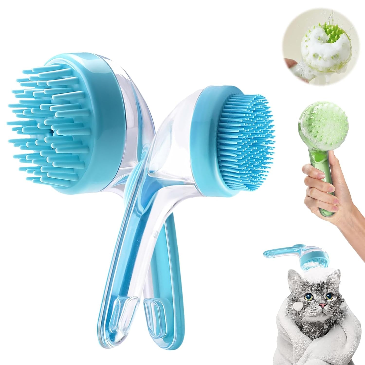 Pet Bath Brush with Shampoo Dispenser, Dog Bath Brush and Grooming Massage Brush for Dogs & Cats, Easy Dog Washing Brush for Short and Long Hair, Coarse and Fine Teeth 2Pcs (Blue)