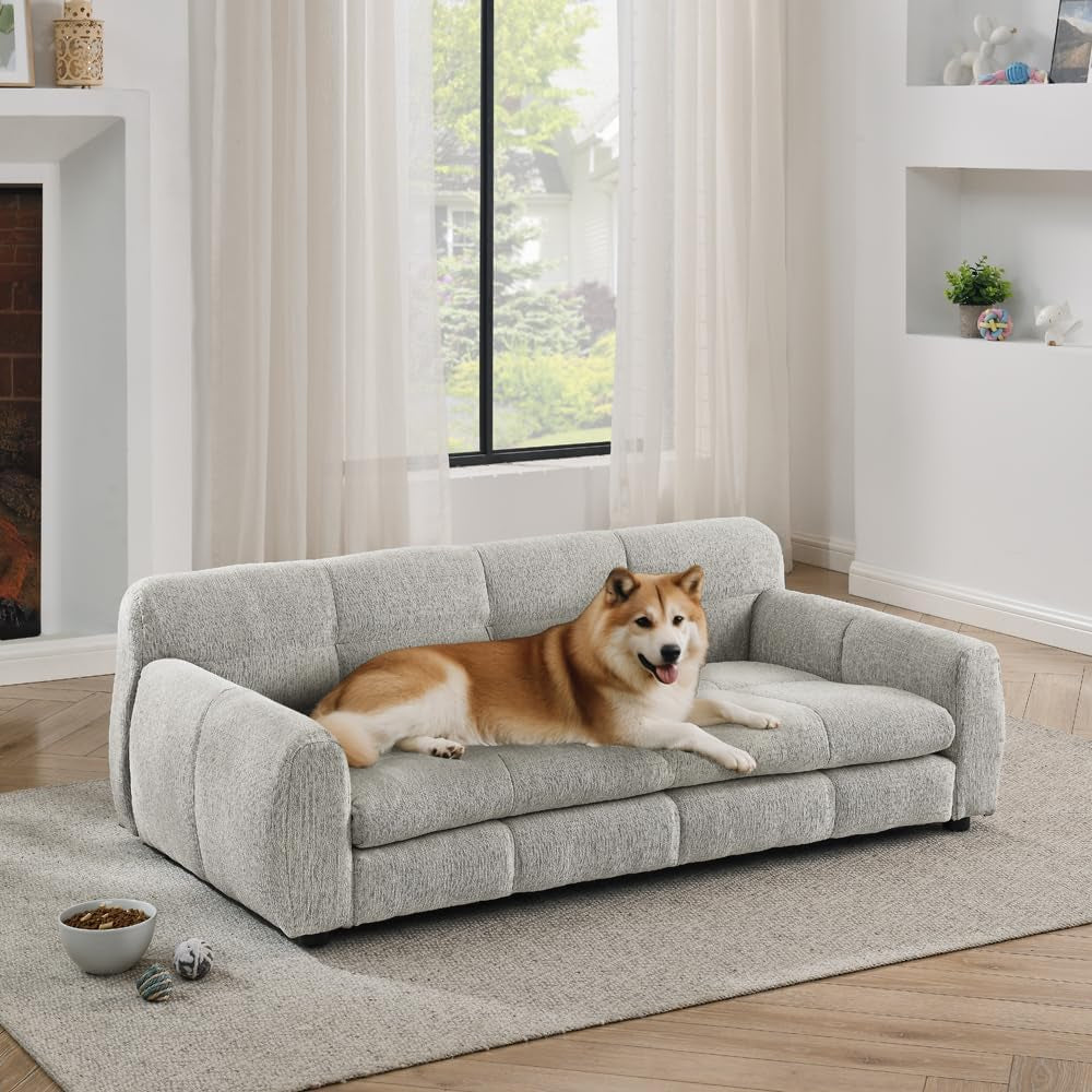 51" Pet Bed Dog Sofa,Upholstered Dog Couch for Medium and Large Dogs,Breathable & Comfortable Pet Bed,Elegant Rectangle Couch with Backrest and Armrests,For Pets,Linen Fabric,Beige