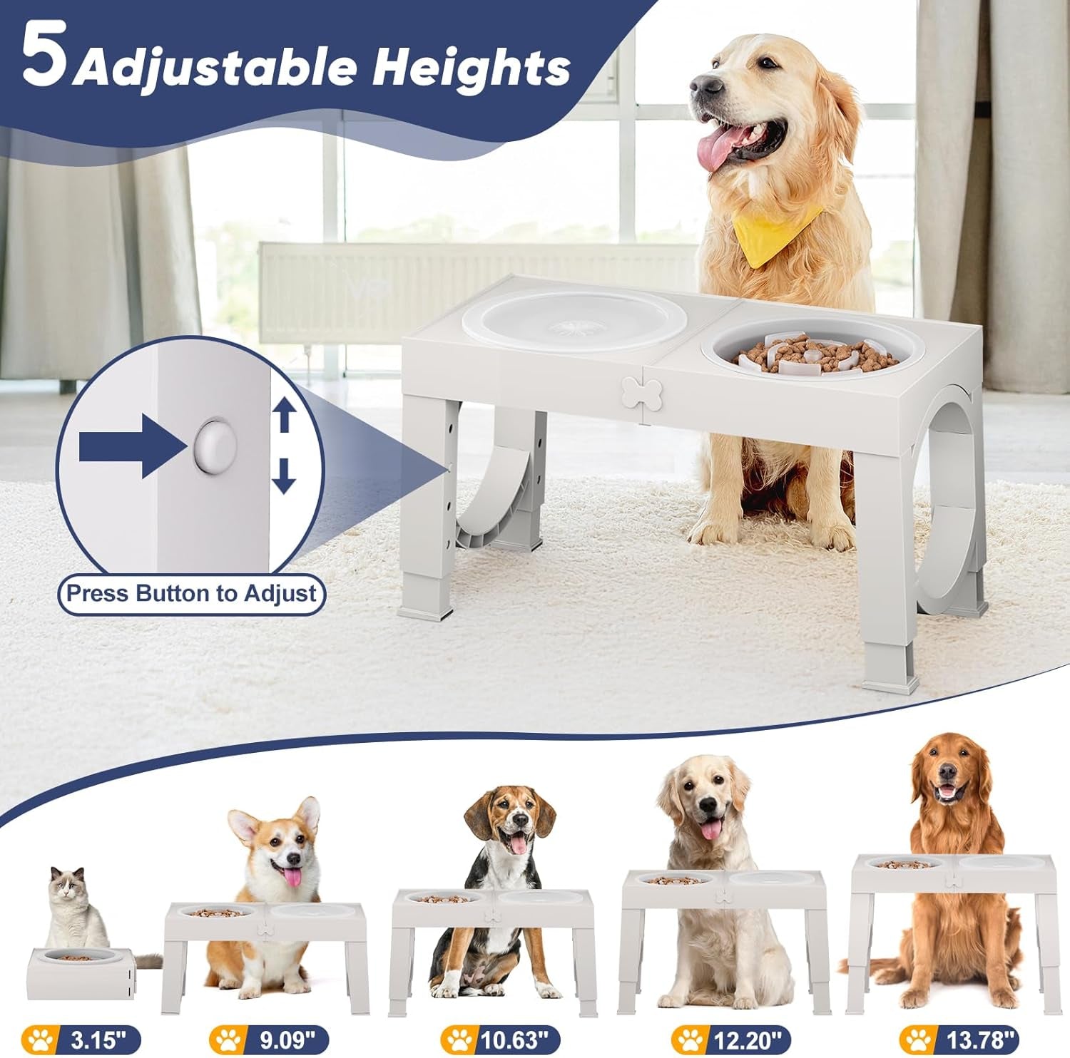 Elevated Dog Bowls Large Breed Raised Dogs Bowl Stand Large/Medium Sized Dog Slow Feeder Dogs Bowls Food Water Stands 5 Heights Adjustable 9/11/12/14In Pet Feeder Dish Station