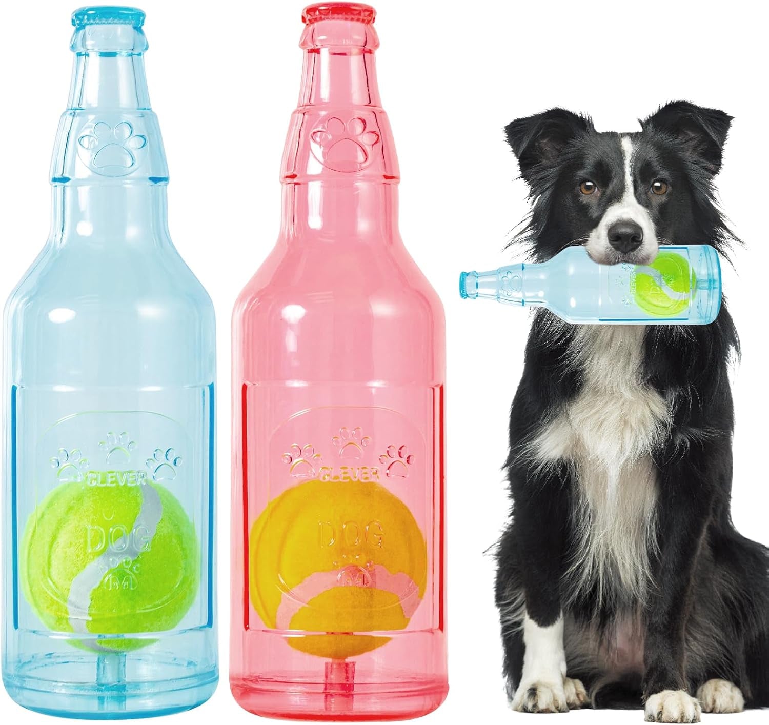 Dog Toy, Dog Squeak Toy, Floating Dog Toy, Interactive Fetch Toy for Play and Training, Bottle Shape with Tennis Ball inside (Set of Two Large)