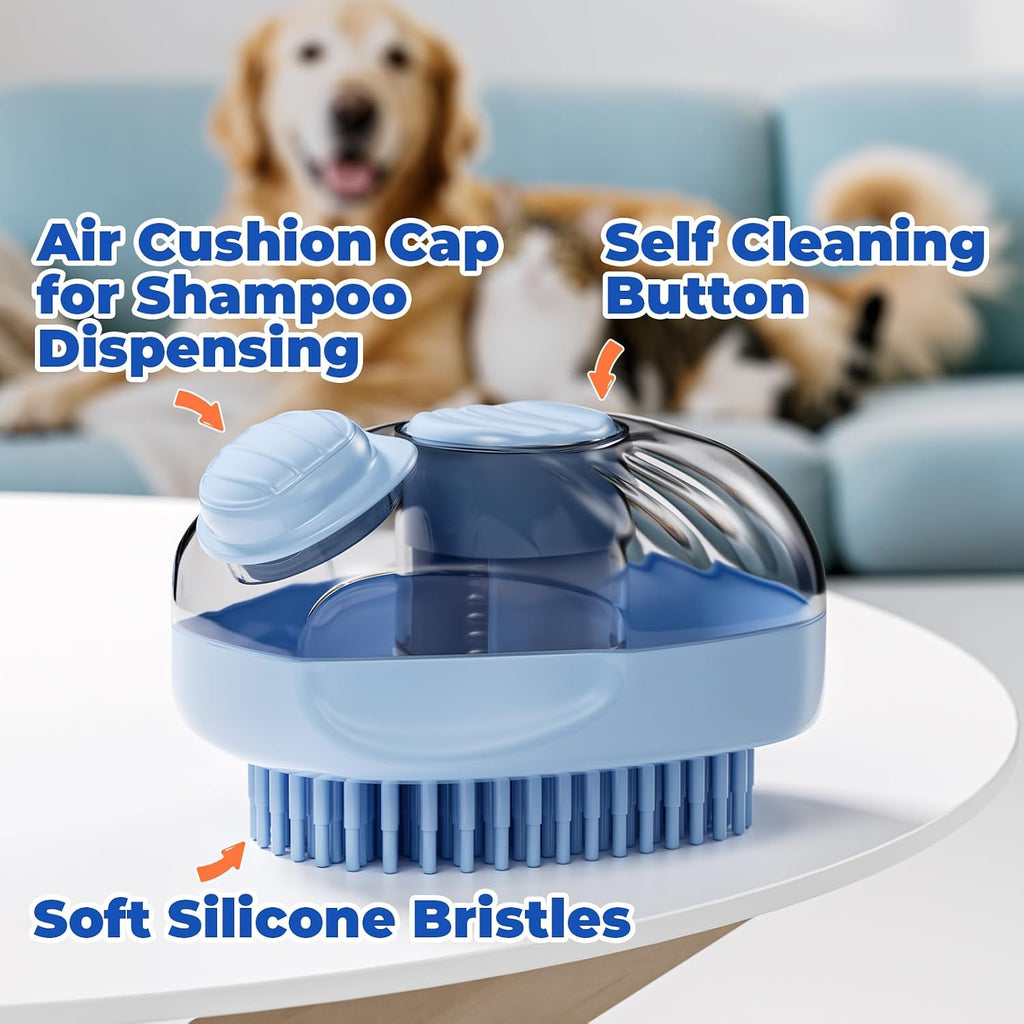 Cat Brush, Dog Bath Brush with Shampoo Dispensing, Blue, 1 Pack | Shedding with Self Cleaning, Grooming Supplies, Shampoo Brush Scrubber