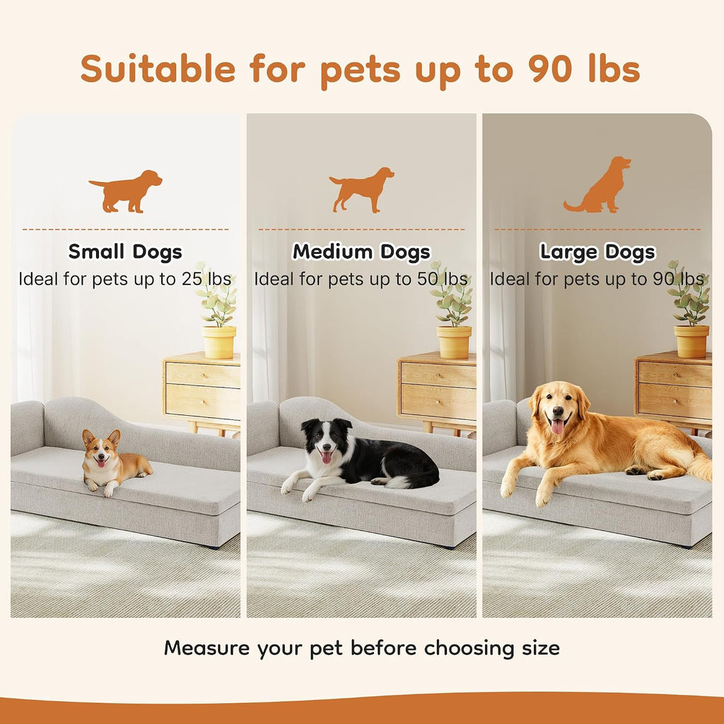 Dog Couch for Medium and Large Dogs, 55 X 26 X 18.5 Inch Pet Sofa Bed with Wave Backrest, Single Armrest, Breathable Linen Cushion, Low Feet, Beige
