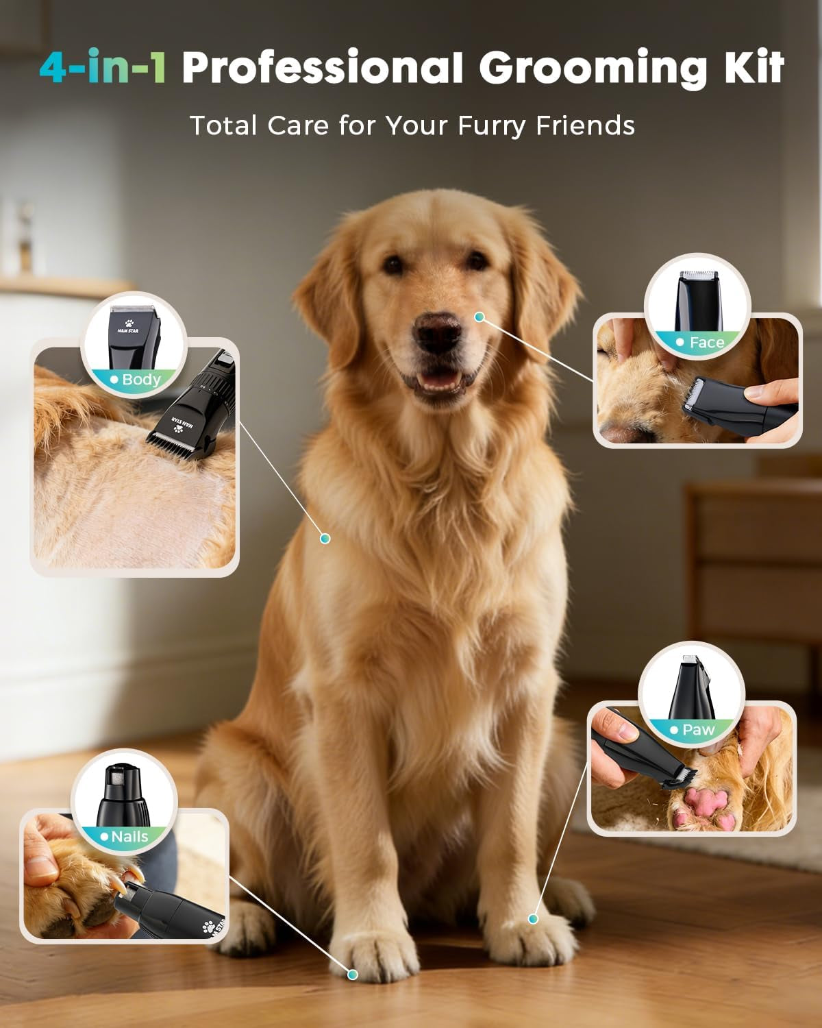 Dog Grooming Kit, Quiet Dog Clippers for Grooming Heavy Thick Coats, Cordless Pet Hair Trimmer & Shaver with Paw Trimmer, Low Noise Rechargeable Clippers for Small Large Dogs Cats