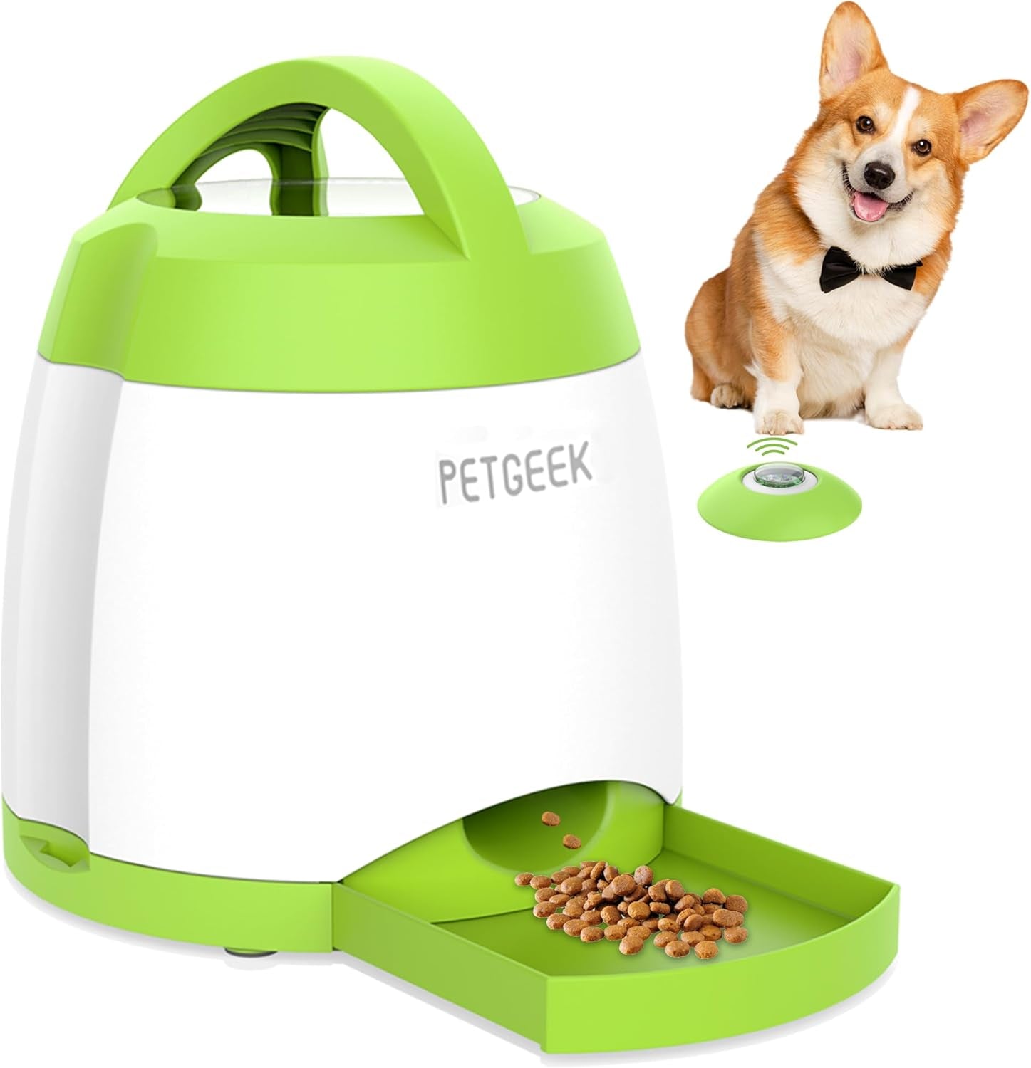 Automatic Dog Treat Dispenser, Interactive Pet Toy Food Dispensing for IQ Training, Dog Food Dispenser with Button Remote Push, Dual Power Supply for Indoor Outdoor Use, Blue