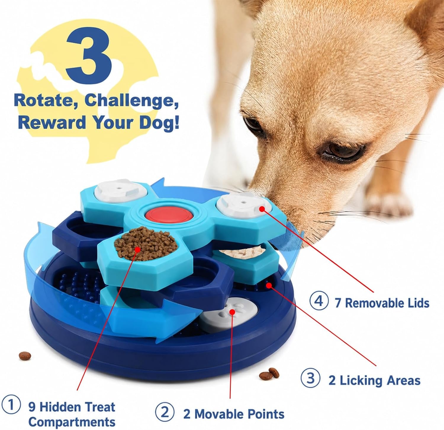Slow Feeder Puzzle Dog Bowl, 4-Layer Rotating Interactive Pet Feeder with 7 Removable Covers, Silicone Spatula & Non-Slip Base, Blue