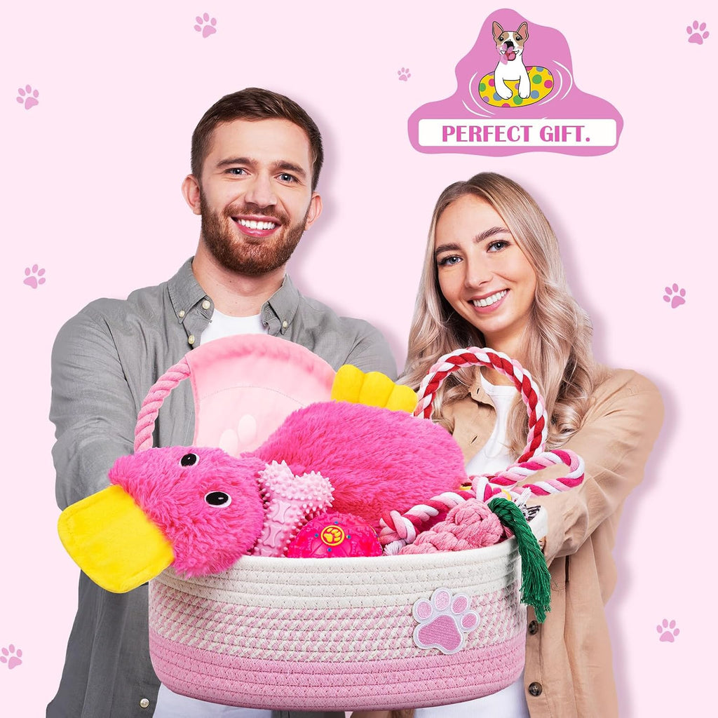 Puppy Dog Toy Gift Storage Basket with Dog Toys Set Chew Toys Birthday Gift Basket Teething Interactive Squeaky Duck for Teething Small Medium Large Dogs(Pink)