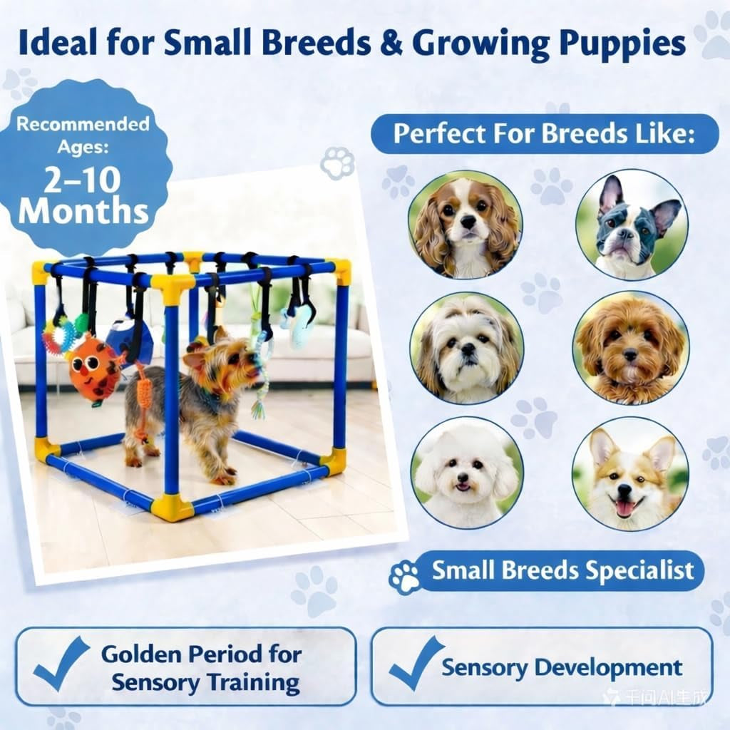 Puppy Play Gym with 16 Toys, Removable Dog Enrichment Playground, Interactive Indoor Training Activity Center for Small Dogs & Puppies, Teething & with Squeaky Toys, 12 Hanging Toys+4 Floor Toys