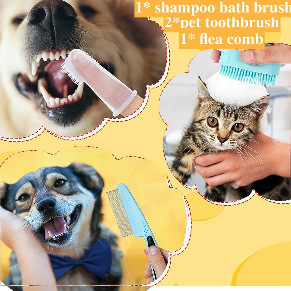 7Pcs Pet Grooming Kit, Self-Cleaning Brush Shedding Kit with Nail Clipper, Flea Comb, Shampoo Bath Brush, Finger Toothbrush, Storage Bag (Blue)