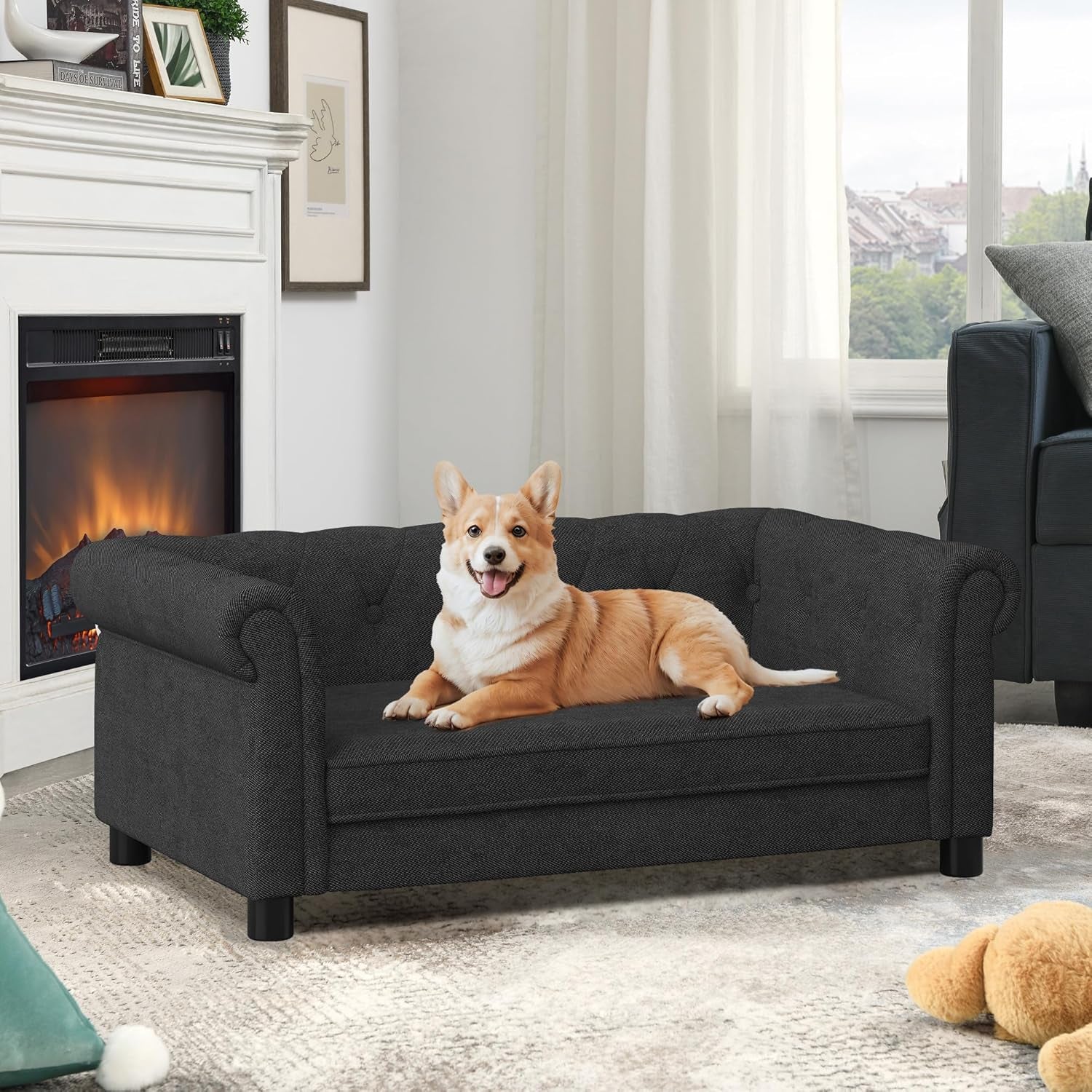 Pet Bed Dog Sofa,39" Pet Couches with Backrest and Armrests,Dog Sofa Bed for Small and Medium-Sized Dogs W/Linen Fabric,Black