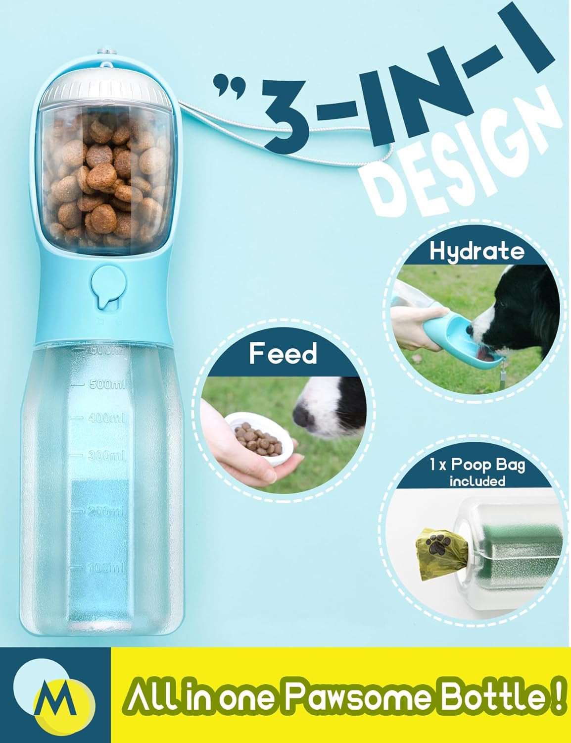Portable Water Bottle for Dogs, 3 in 1 Pet Travel Bowl Dispenser with Food Treat Container & Poop Bag Holder, Summer Outdoor Walking Hiking Accessories for Dog on the Go - Darkblue, 20Oz