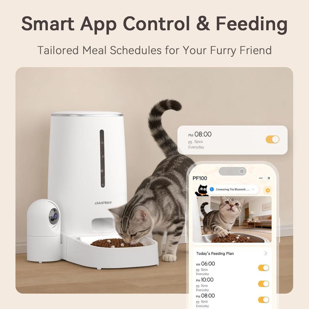 Automatic Cat Dog Feeder with Camera 4L, 2.4G/5G Wifi Smart Pet Food Dispenser with Night Vision, 2-Way Audio, Meat Call and Motion Alert, Stainless Steel Bowl, Dual Power Support, AI Feature