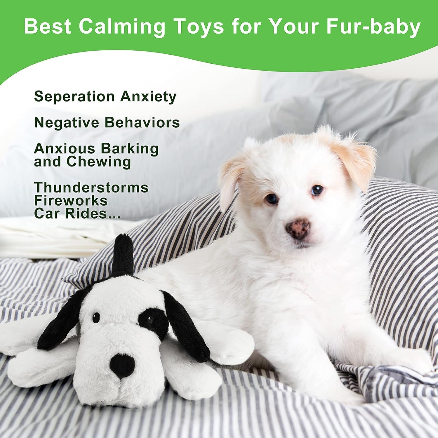 Heartbeat Warm Heat Stuffed Animal for Dog Anxiety Relief, Calming, Behavioral Aid, Sleep Aid, Soothe, Cuddle Comfort Toy, Black & White