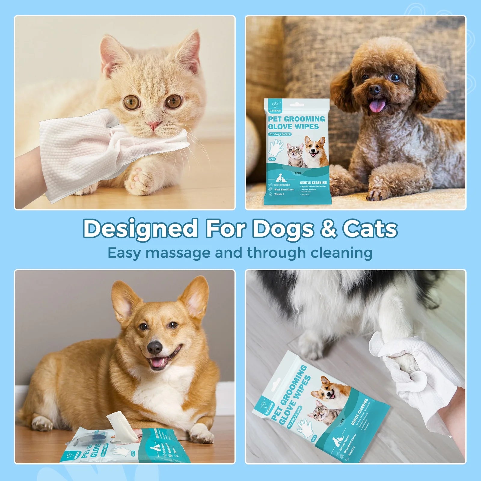 Pet Glove Wipes for Dogs & Cats, Extra Thick Rinse Free Dog Wipes, Unscented, 5 Pack, 30 PCS