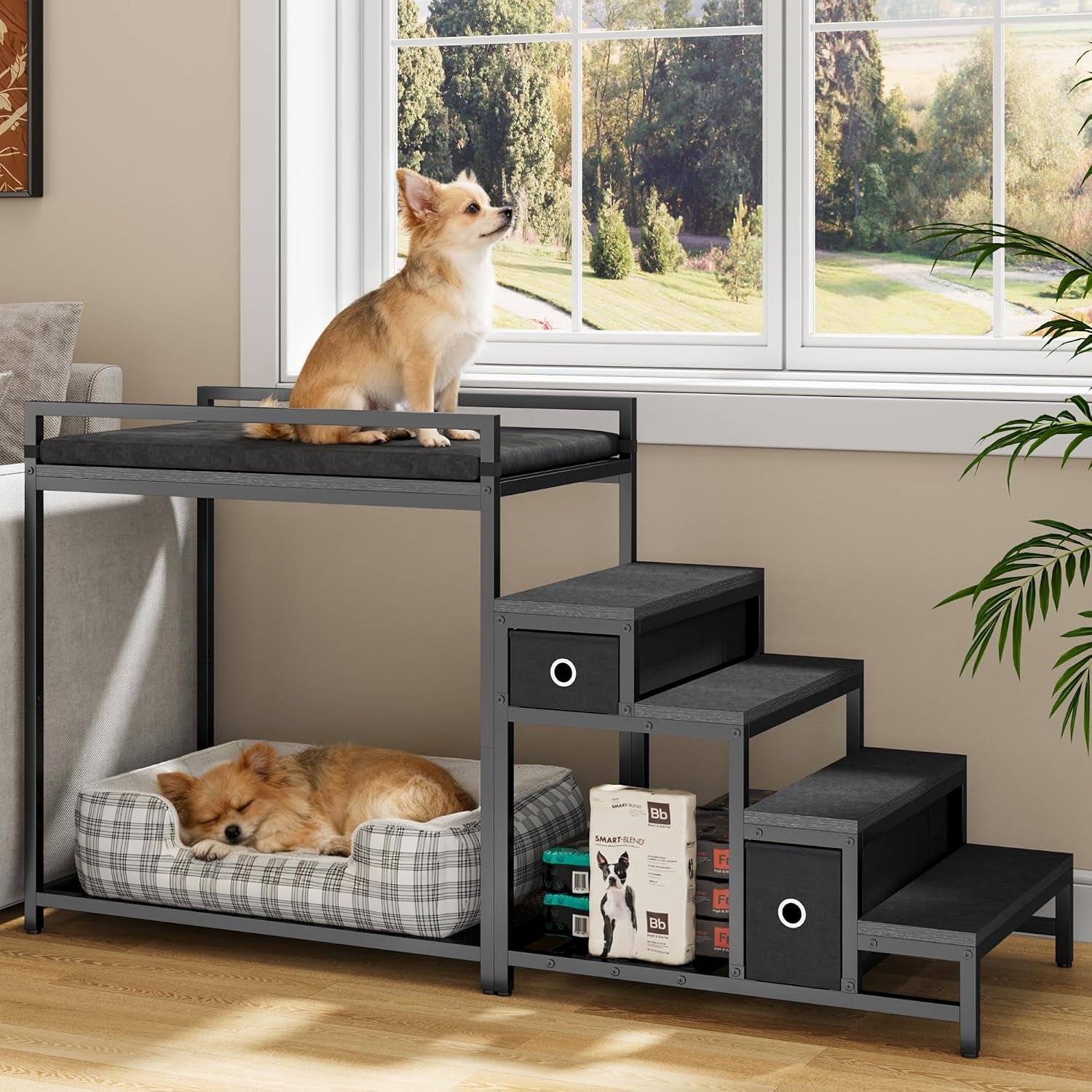 Pet Bunk Bed with Stairs and Storage, Dog Beds Attachment to Human Bed, Bedside Dogs Cot for Small, Medium Cats & Dogs, Pet Window Perch (Grey)