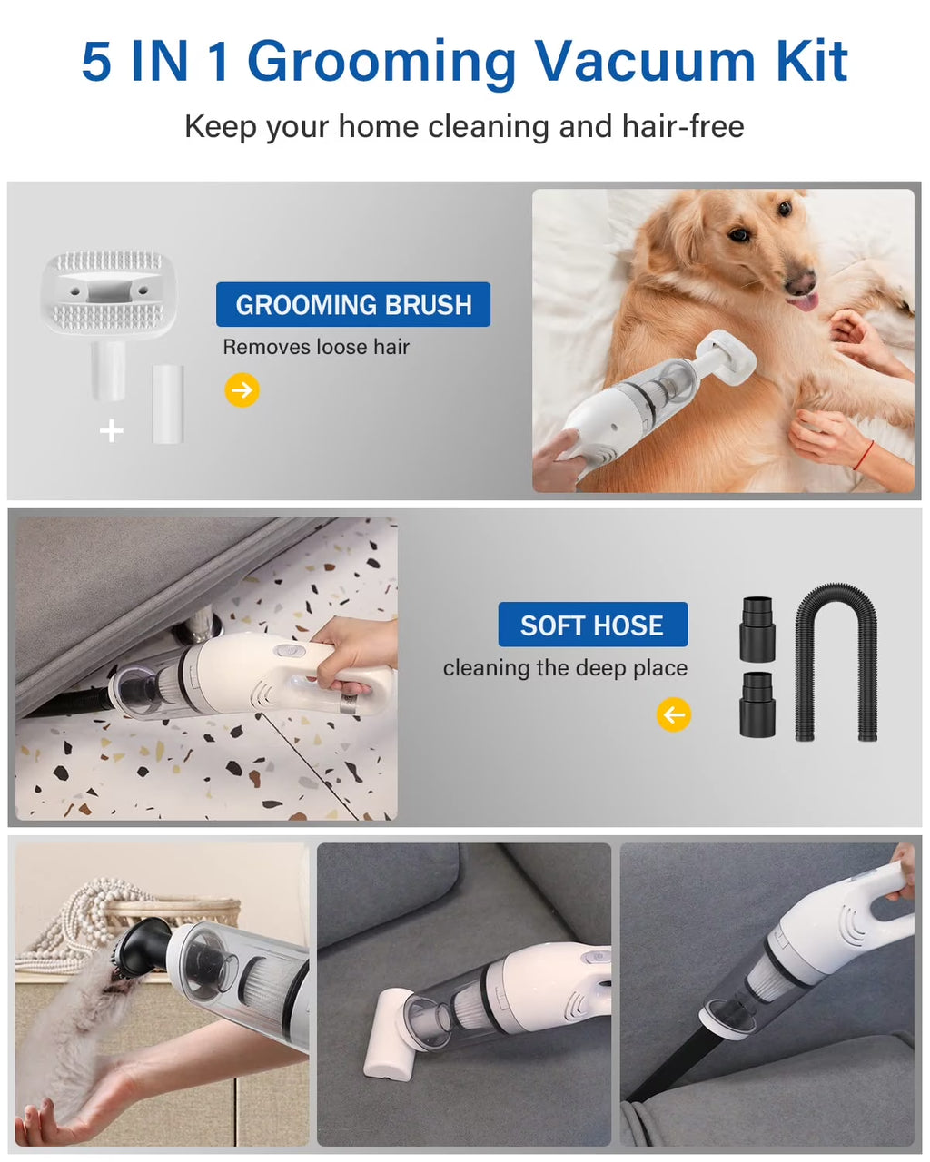 5-In-1 Handheld Pet Hair Vacuum & Grooming Brush, Low Noise Pet Vacuum for Shedding Grooming with Slicker Brush, Wireless Pet Vacuum Cleaner for Cats Dogs Hair
