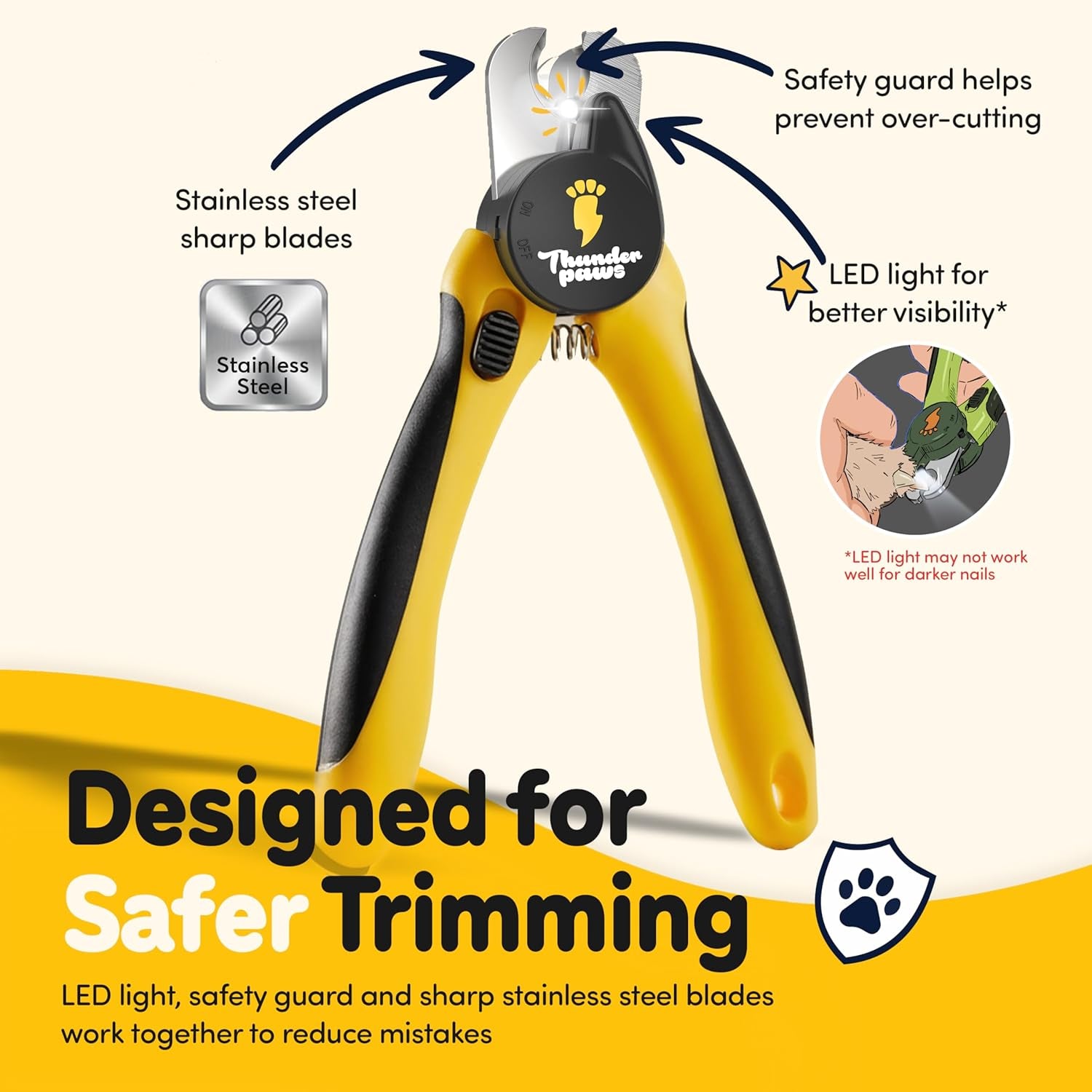 LED Dog Nail Clippers with Light Illumination, Trimmers with Protective Guard, Safety Lock and Nail File - Suitable for Large and Small Dogs & Cats (Yellow)