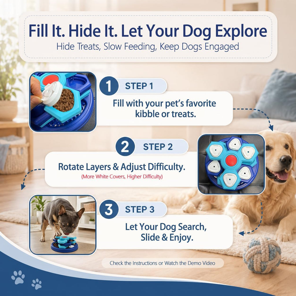 Slow Feeder Puzzle Dog Bowl, 4-Layer Rotating Interactive Pet Feeder with 7 Removable Covers, Silicone Spatula & Non-Slip Base, Blue