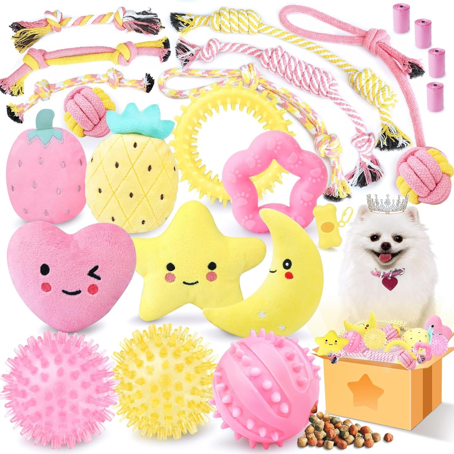 Pink Puppy Toys for Boredom - 23 Pack Puppy Chew Toys for Teething, Interactive Dog Toys for Puppies, Cute Small Dog Toys with Treat Ball, Squeaky Dog Chew Toys and Ropes