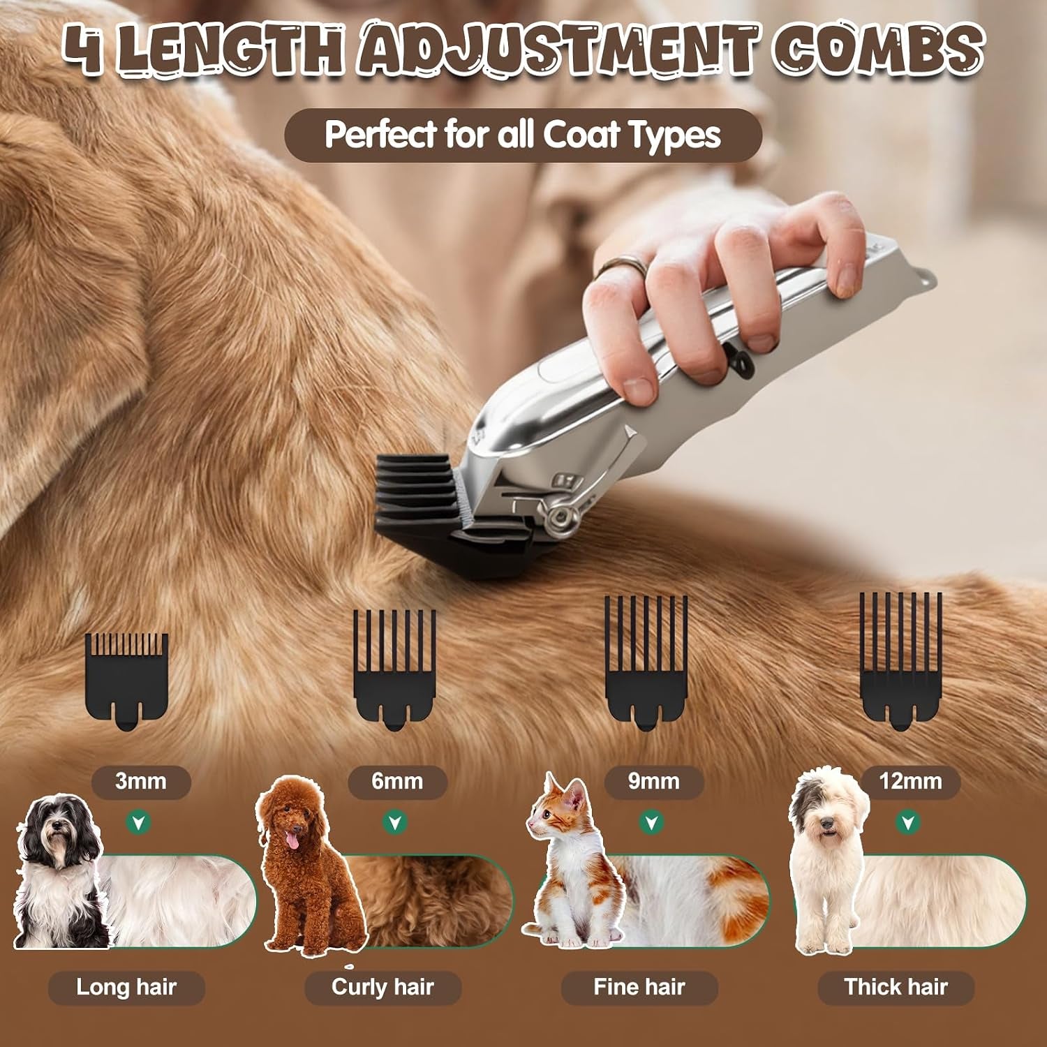 Dog Grooming Kit with Dog Clippers Rechargeable Wireless Grooming Clippers, Pet Trimmer for Thick Fur, Stainless Steel Blades & Nail Trimmer