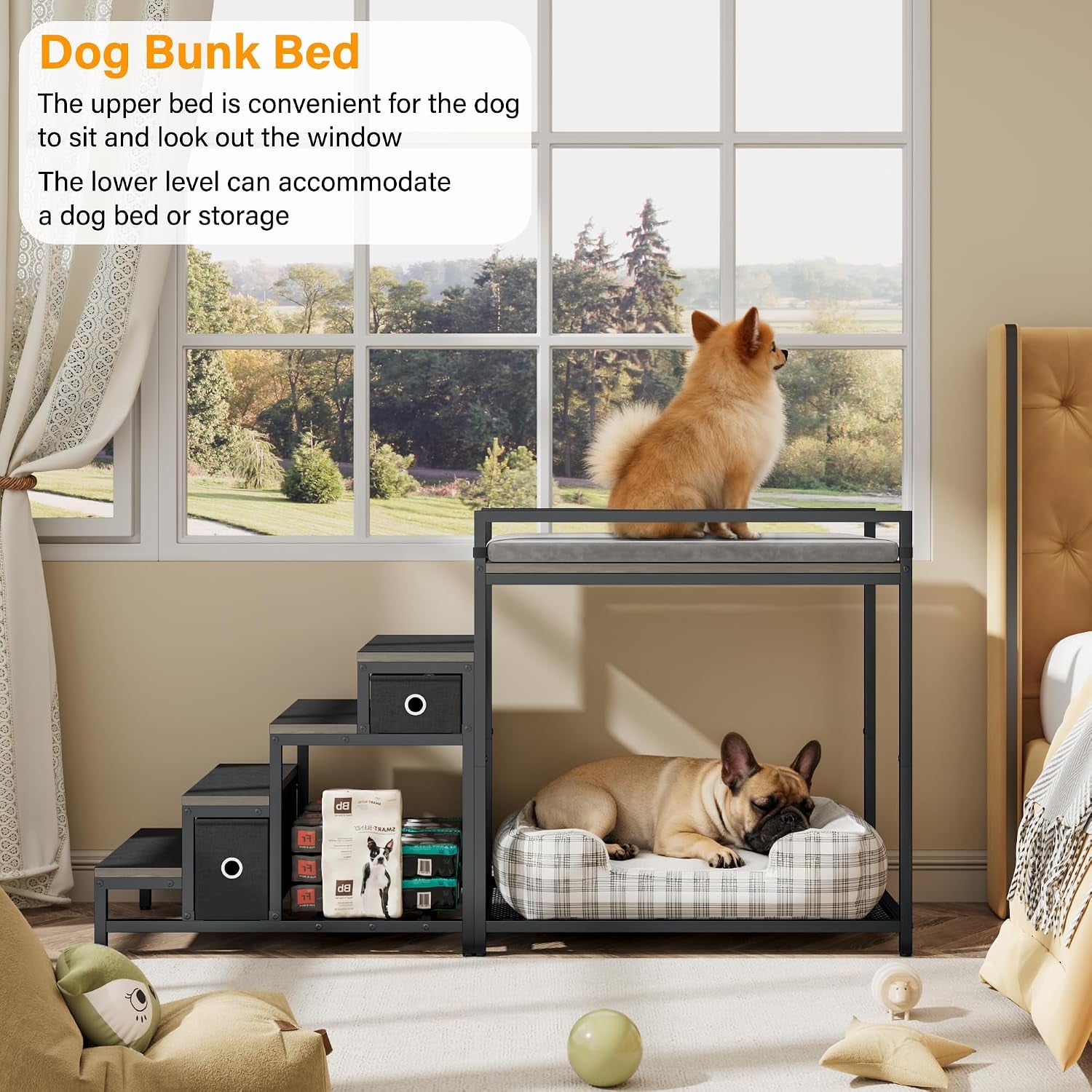 Pet Bunk Bed with Stairs and Storage, Dog Beds Attachment to Human Bed, Bedside Dogs Cot for Small, Medium Cats & Dogs, Pet Window Perch (Grey)