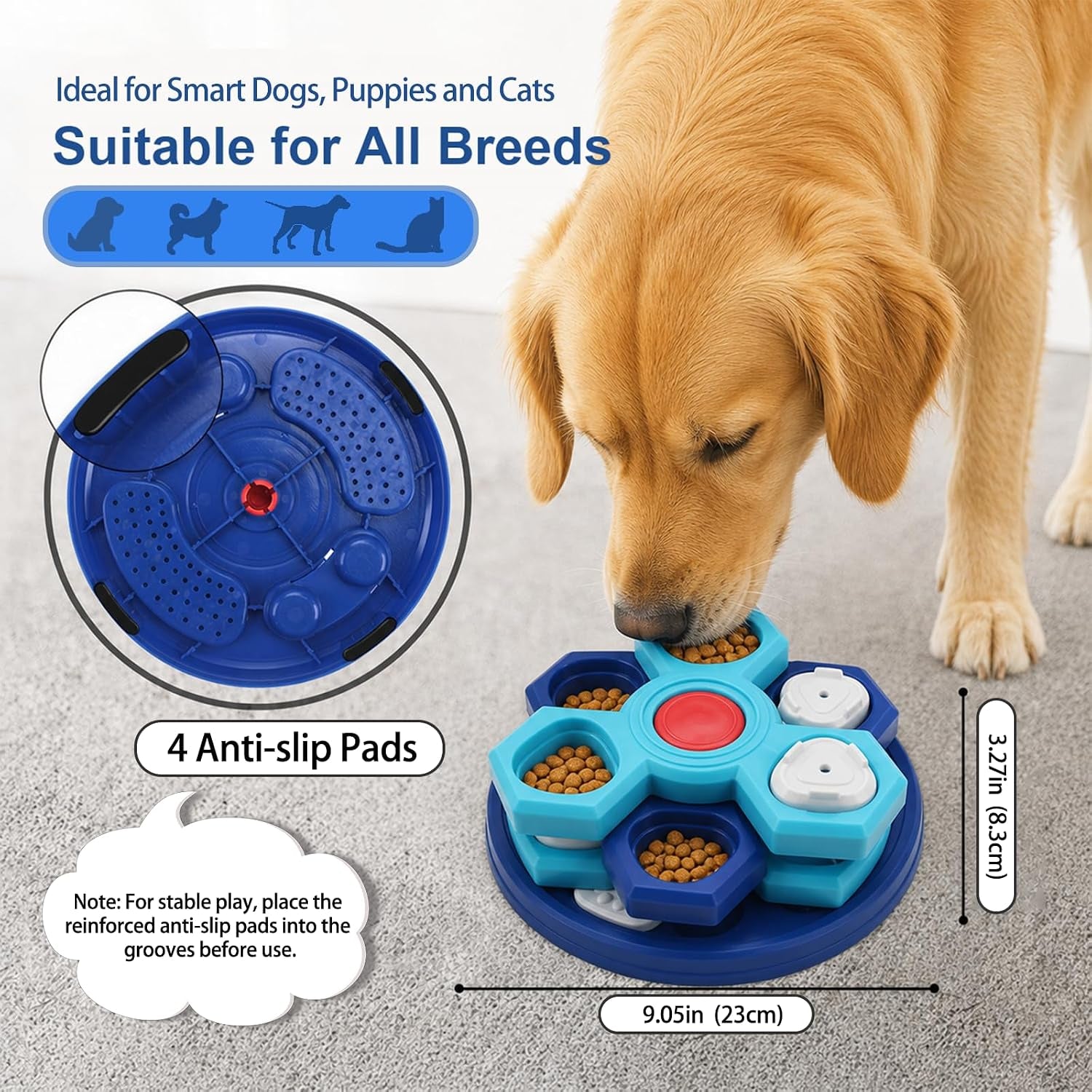 Slow Feeder Puzzle Dog Bowl, 4-Layer Rotating Interactive Pet Feeder with 7 Removable Covers, Silicone Spatula & Non-Slip Base, Blue