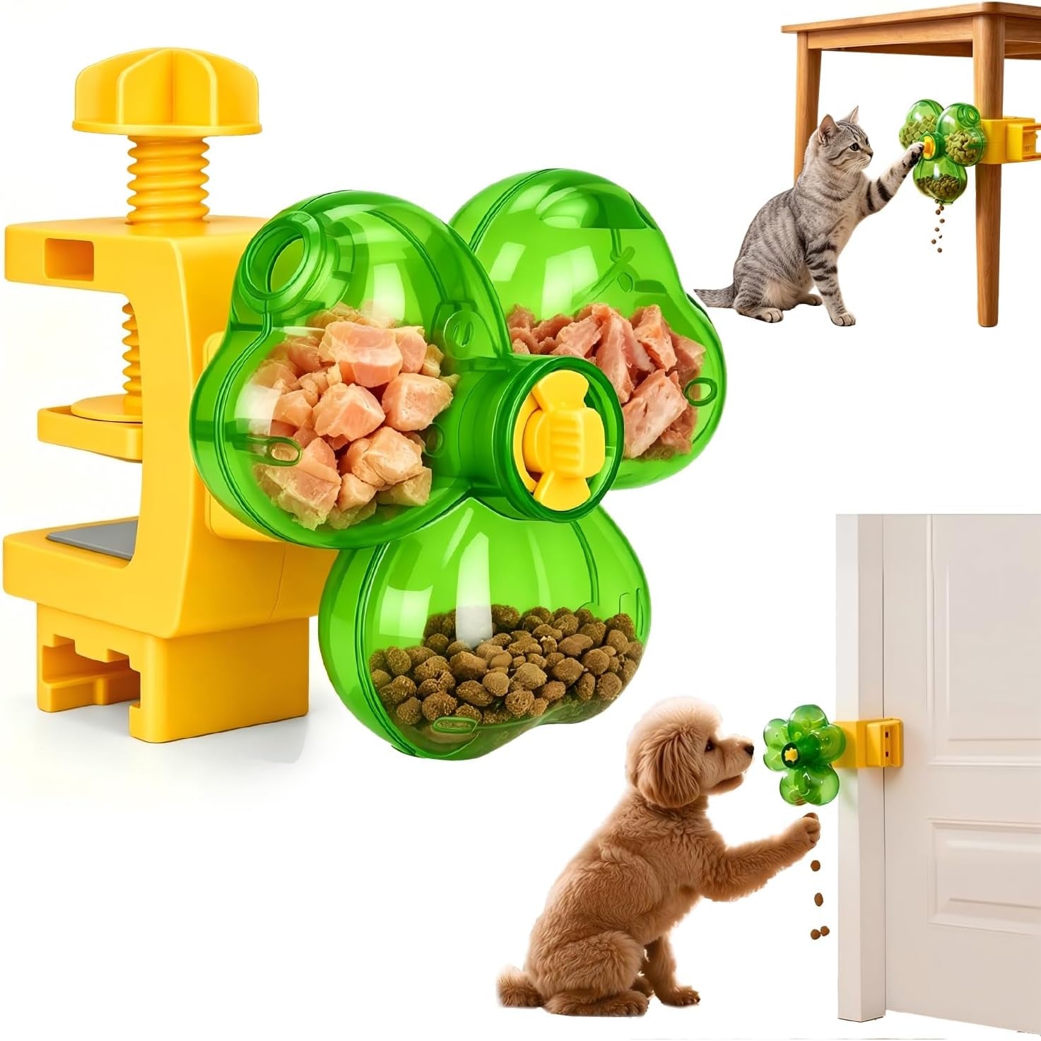 Interactive Dog Puzzle Toy, Treat Dispensing Dog Toy with 3-Chamber Design for Dogs & Cats, Space-Saving Clamp-On Food Dispenser for IQ Training & Enrichment, Ideal for Table, Door & Desk