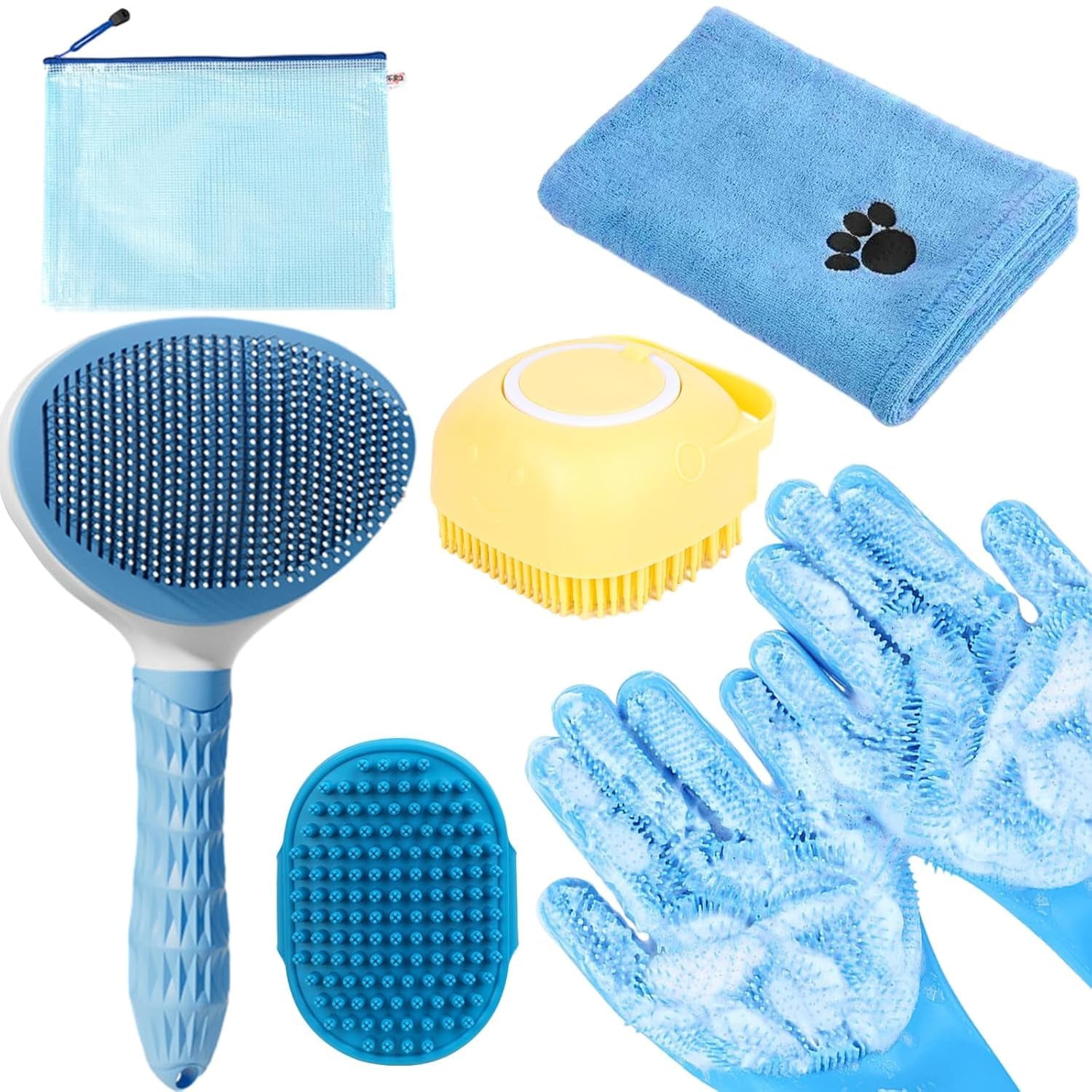 Bath Grooming Kit for Pets - Hair Brush Set with Towel, Washing Gloves, and Shampoo Scrubber Brush for Dogs and Cats (Pink)