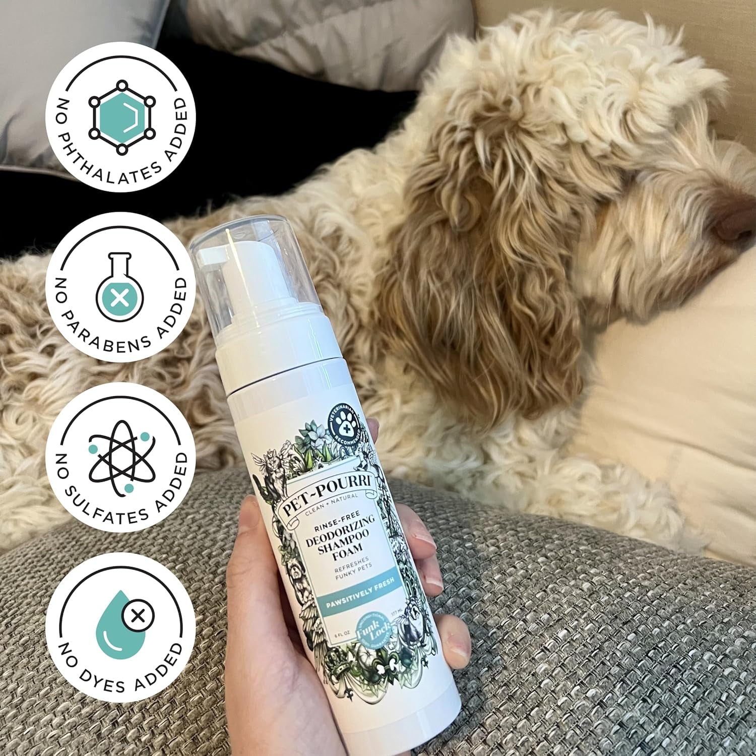 Poo-Pourri Rinse-Free Deodorizing Dry Shampoo for Dogs & Cats – Moisturizing Skin & Coat Soothing Formula - Plant Based Ingredients – Pineapple, Jasmine & Pear – No Rinse Foam Shampoo for Pet Odor