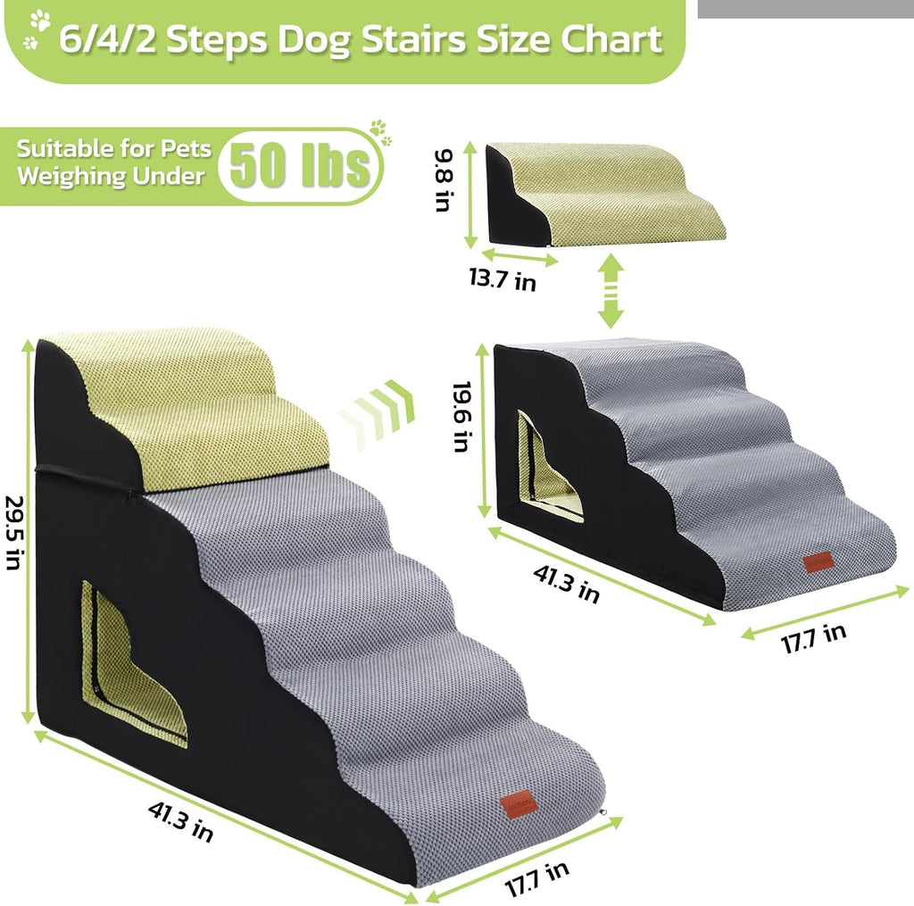 6 Steps 30 Inches Height Dog Stairs for Bed for Small& Older Pets | Soft Foam Protects Joints, Quick-Rebound Foam, Supports Pets up to 50 Lbs, Non-Slip Base, Separable, Removable Washable Cover