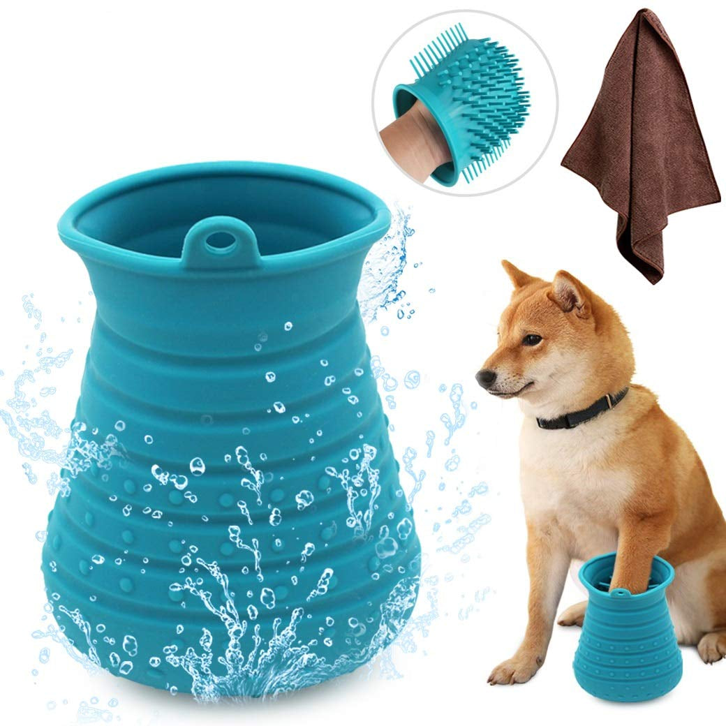 Dog Paw Cleaner Cup with Towel Pet Foot Washer Protable Dogs Cleaning Brush for Puppy Cats Massage Grooming Dirty Claws (Purple)