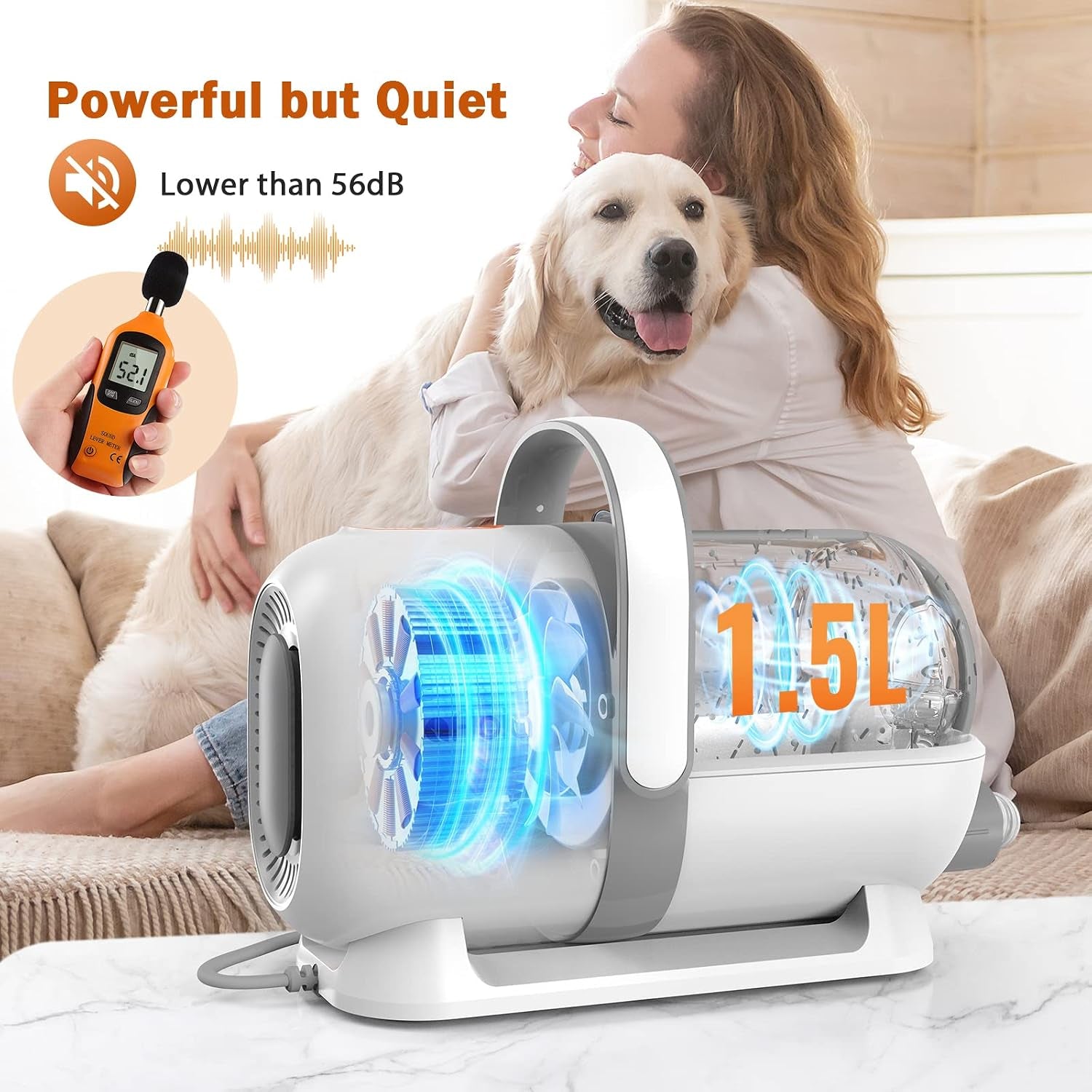 Dog Grooming Vacuum Kit, 1.5L Tank, White | Contains Floating Fur during Coat Care, Helping Sofas, Floors and Clothes Stay Cleaner between Deep Cleans.