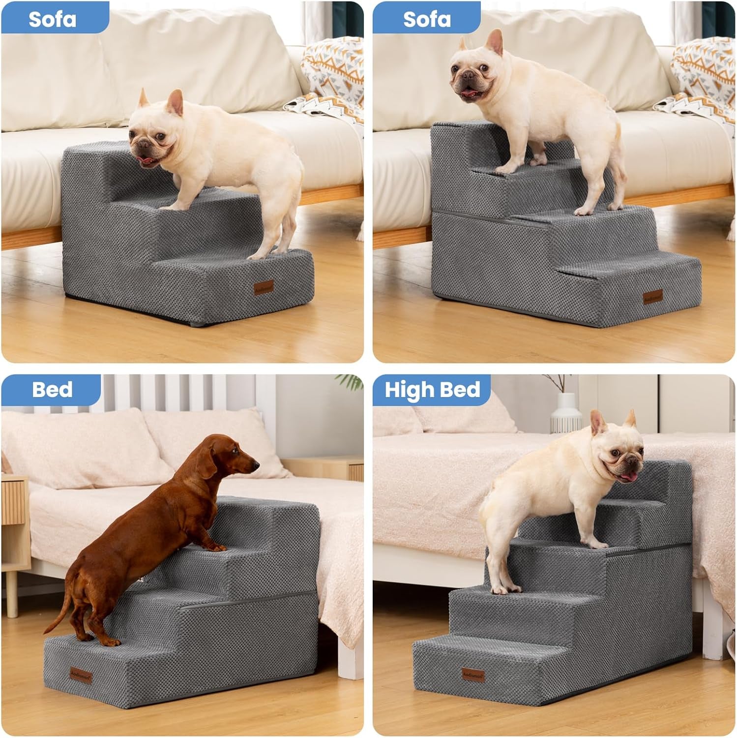 Dog Stairs for Small Dogs & Cats,3-Step Pet Steps for Couch & Bed | High-Density Foam Dog Steps with Anti-Slip Bottom,Easy for Puppies,Older Cats & Dogs to Reach Sofas & Chairs,Grey,13.6" H