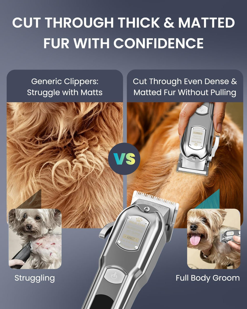 Dog Clippers for Grooming Thick Heavy Coats, All-Metal Body Low Noise Cordless Rechargeable Dog Hair Trimmer, Stainless Steel Blade, Professional Pet Grooming Kit for Dogs & Cats (Silver)