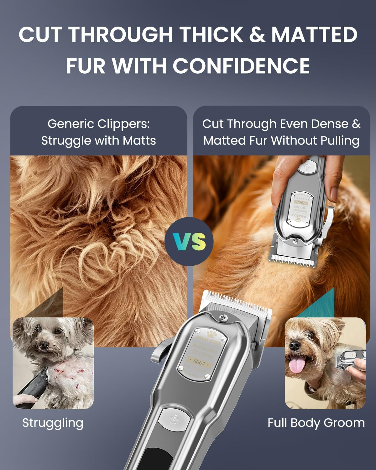 Dog Clippers for Grooming Thick Heavy Coats, All-Metal Body Low Noise Cordless Rechargeable Dog Hair Trimmer, Stainless Steel Blade, Professional Pet Grooming Kit for Dogs & Cats (Silver)