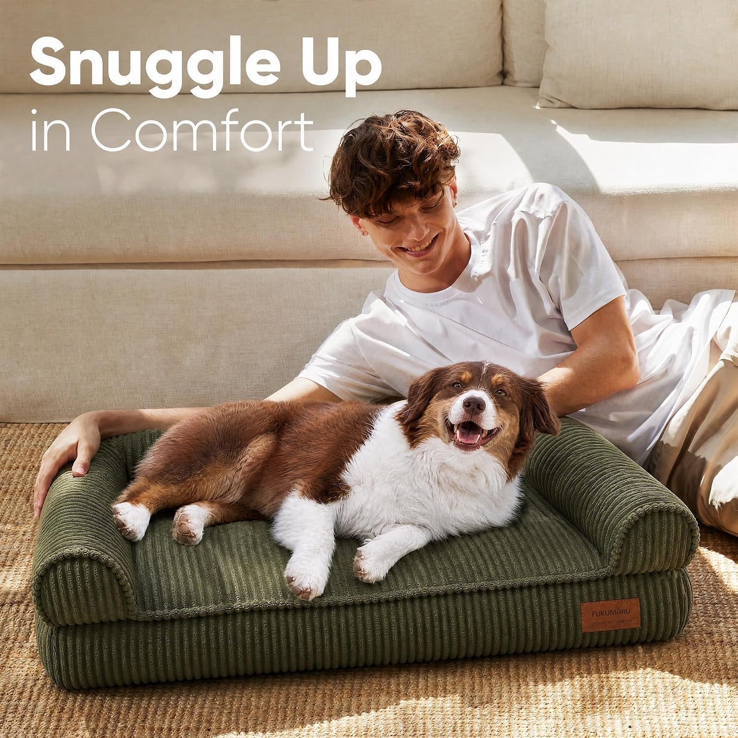 Cute Dog Bed, Thickened Orthopedic Dog Sofa, Waterproof&Washable | 36" Corduroy Dog Couch with 4" Extra-Thick Egg-Crate Foam, Large Pet Bed for Medium to Large Dogs, Green
