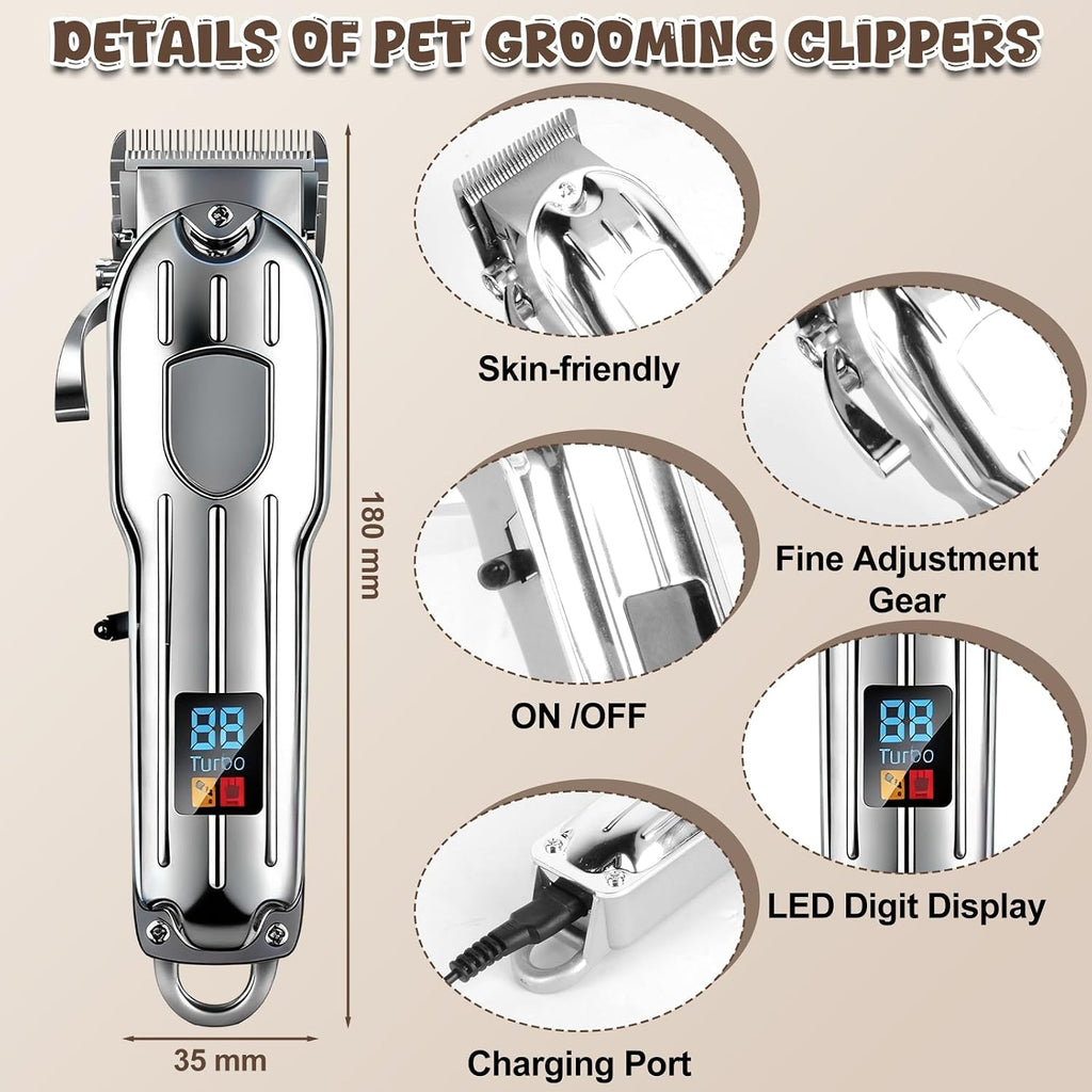Dog Grooming Kit with Dog Clippers Rechargeable Wireless Grooming Clippers, Pet Trimmer for Thick Fur, Stainless Steel Blades & Nail Trimmer
