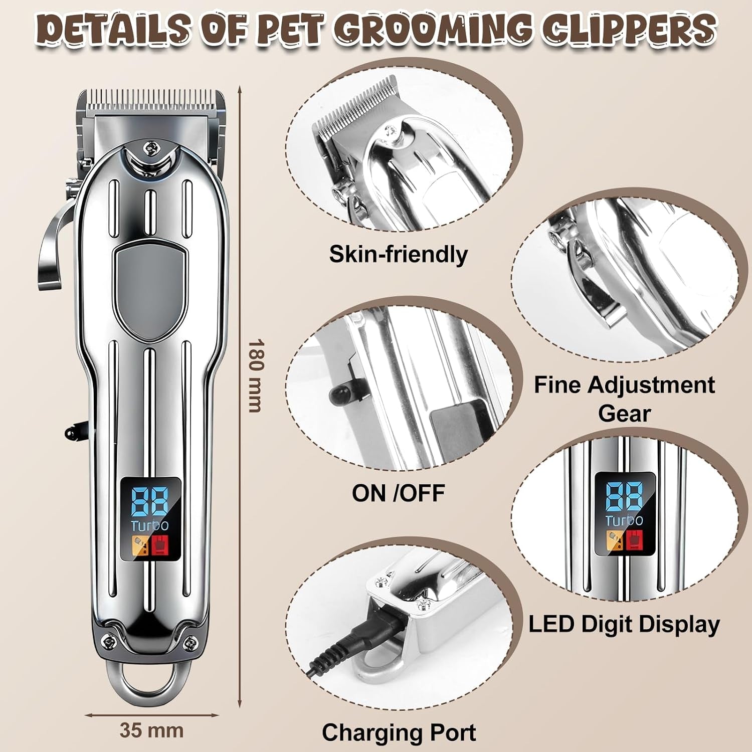 Dog Grooming Kit with Dog Clippers Rechargeable Wireless Grooming Clippers, Pet Trimmer for Thick Fur, Stainless Steel Blades & Nail Trimmer