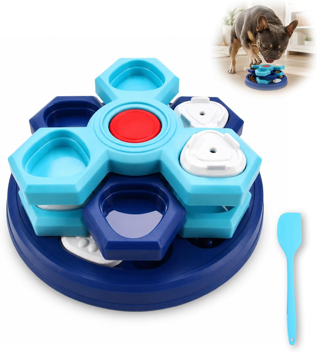 Slow Feeder Puzzle Dog Bowl, 4-Layer Rotating Interactive Pet Feeder with 7 Removable Covers, Silicone Spatula & Non-Slip Base, Blue