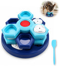 Slow Feeder Puzzle Dog Bowl, 4-Layer Rotating Interactive Pet Feeder with 7 Removable Covers, Silicone Spatula & Non-Slip Base, Blue