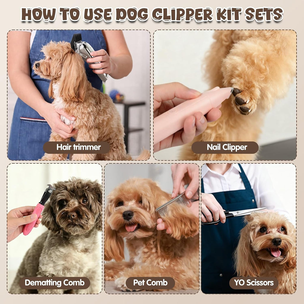 Dog Grooming Kit with Dog Clippers Rechargeable Wireless Grooming Clippers, Pet Trimmer for Thick Fur, Stainless Steel Blades & Nail Trimmer