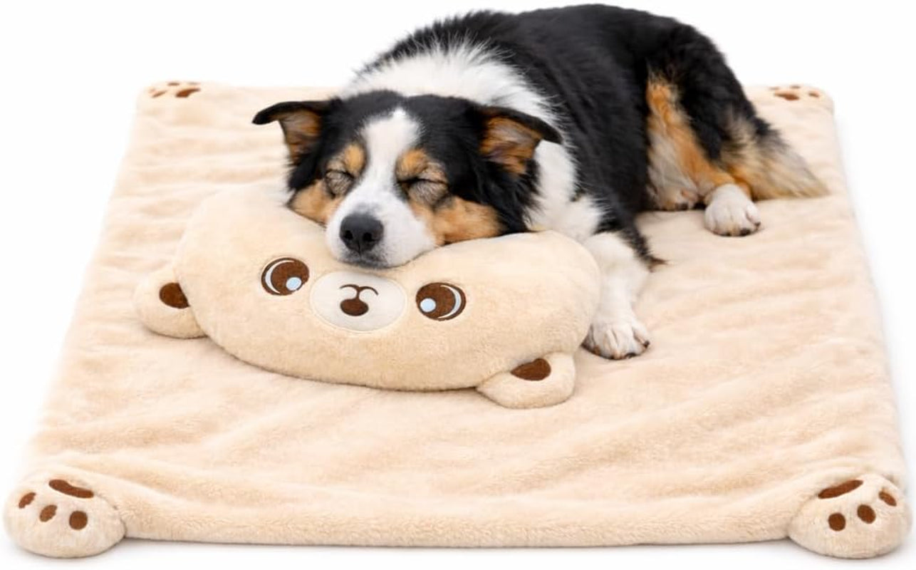 Dog Calming Pillow & Dog Blanket Set. Soft and Neck-Friendly, Washable Pet Pillows for Small Medium Dogs and Cats. Anxiety Relief Cuddle Pillow. Fluffy Plush Washable Pet Bed Mat (Medium)