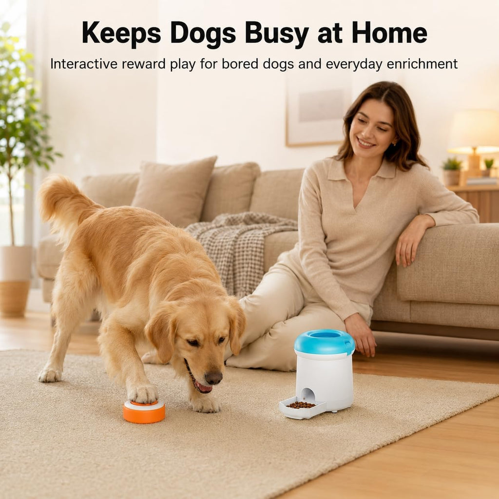 Interactive Dog Treat Dispenser Toy with Remote Button, Dog Puzzle Feeder & Slow Feeder for Bored Dogs, Mental Stimulation Reward Training Toy with 8 DIY Stickers
