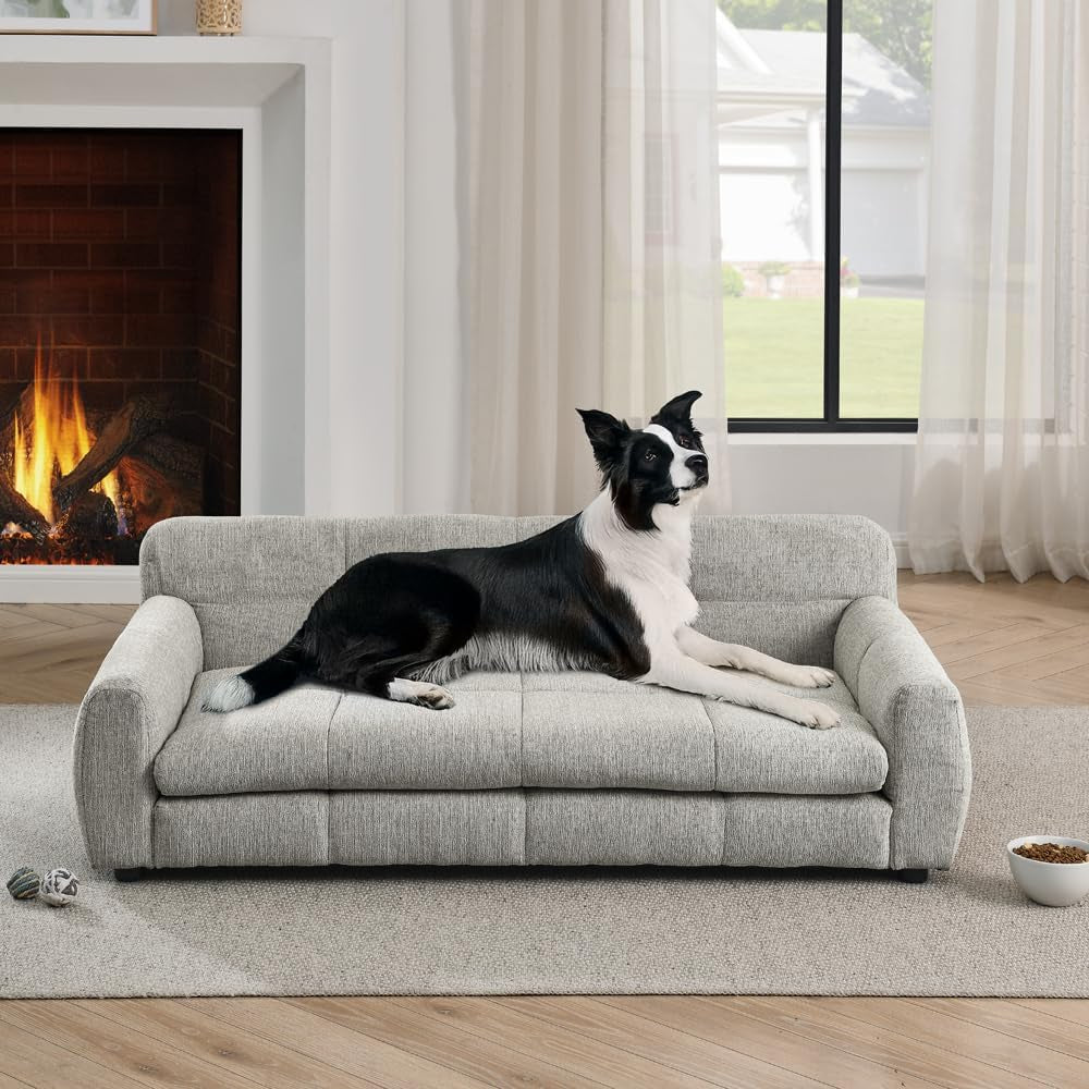 51" Pet Bed Dog Sofa,Upholstered Dog Couch for Medium and Large Dogs,Breathable & Comfortable Pet Bed,Elegant Rectangle Couch with Backrest and Armrests,For Pets,Linen Fabric,Beige