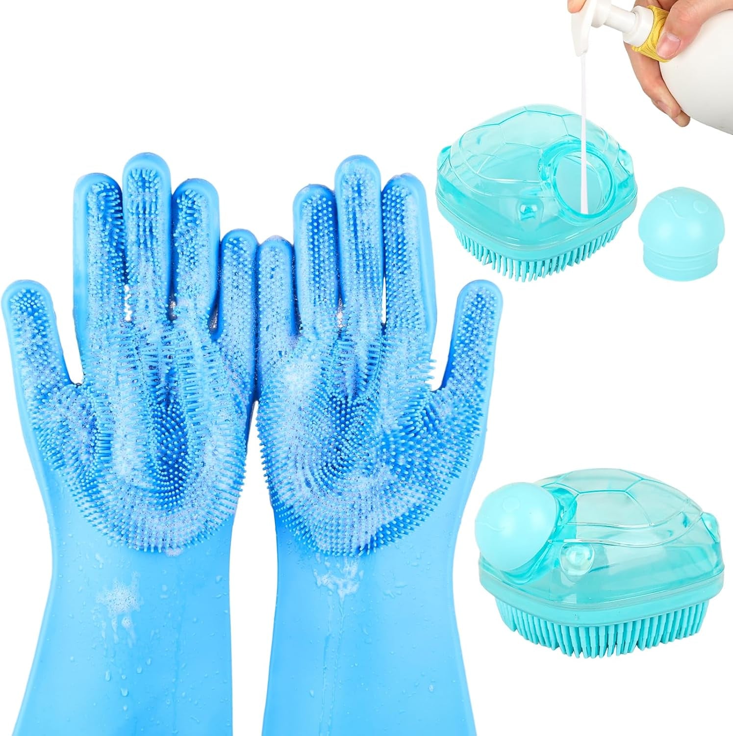 2PCS Dog Washing Gloves and Dog Shampoo Brush, Dog Bath Brush That Can Add Dog Shampoo, Dog Bath Supplies Dog and Cat Bath Set