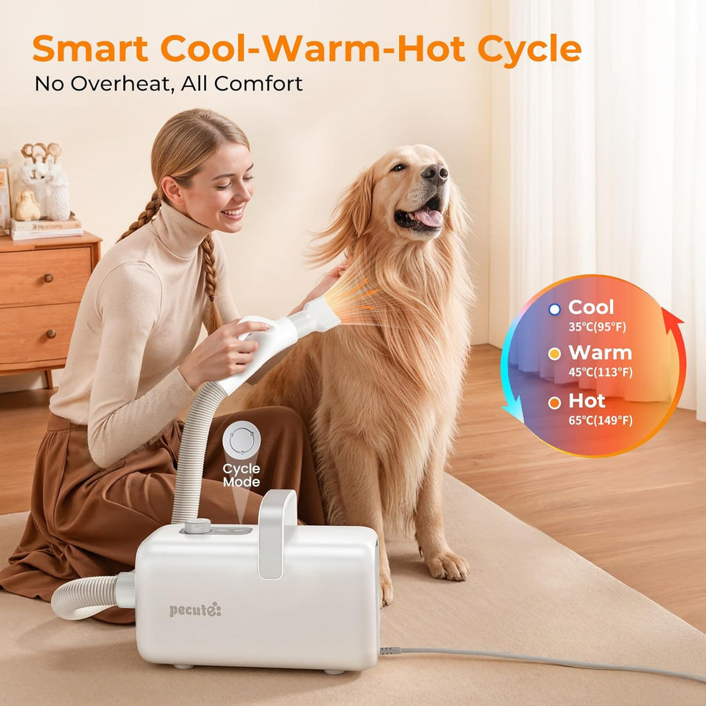 High-Velocity Dog Dryer, Adjustable Speed & Temp, 6.5Ft Cord | Heat-Resistant Hose, Pet Grooming Salon, Cool-Warm-Hot Cycle, 4 Nozzles, Soft Noise, Quick Drying, Overload Protection