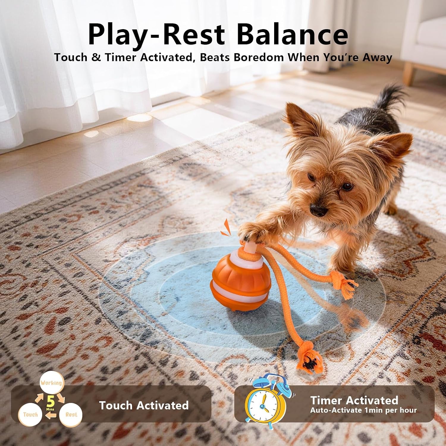Interactive Dog Toys Ball, 3 Modes & Powerful Motor, Random Movement & Swinging Rope, Bird Chirping Stimulate, USB C Rechargeable for Small Medium Dogs for Boredom, Anxiety Relief