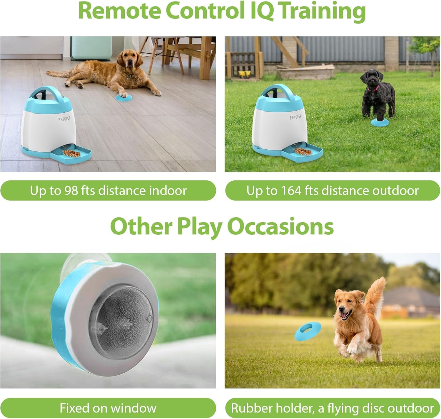 Automatic Dog Treat Dispenser, Interactive Pet Toy Food Dispensing for IQ Training, Dog Food Dispenser with Button Remote Push, Dual Power Supply for Indoor Outdoor Use, Blue