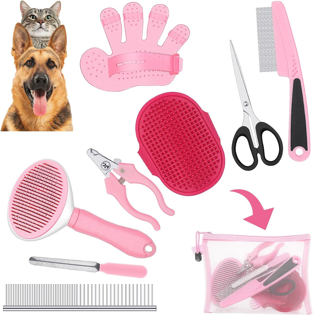 Dog Brush Grooming Kit 9 Pcs Kit with Pet Nail Clipper and File Cat Grooming Deshedding Undercoat Rake Comb for All Breeds Sizes Promotes Healthy Skin Coat(Fresh Color)