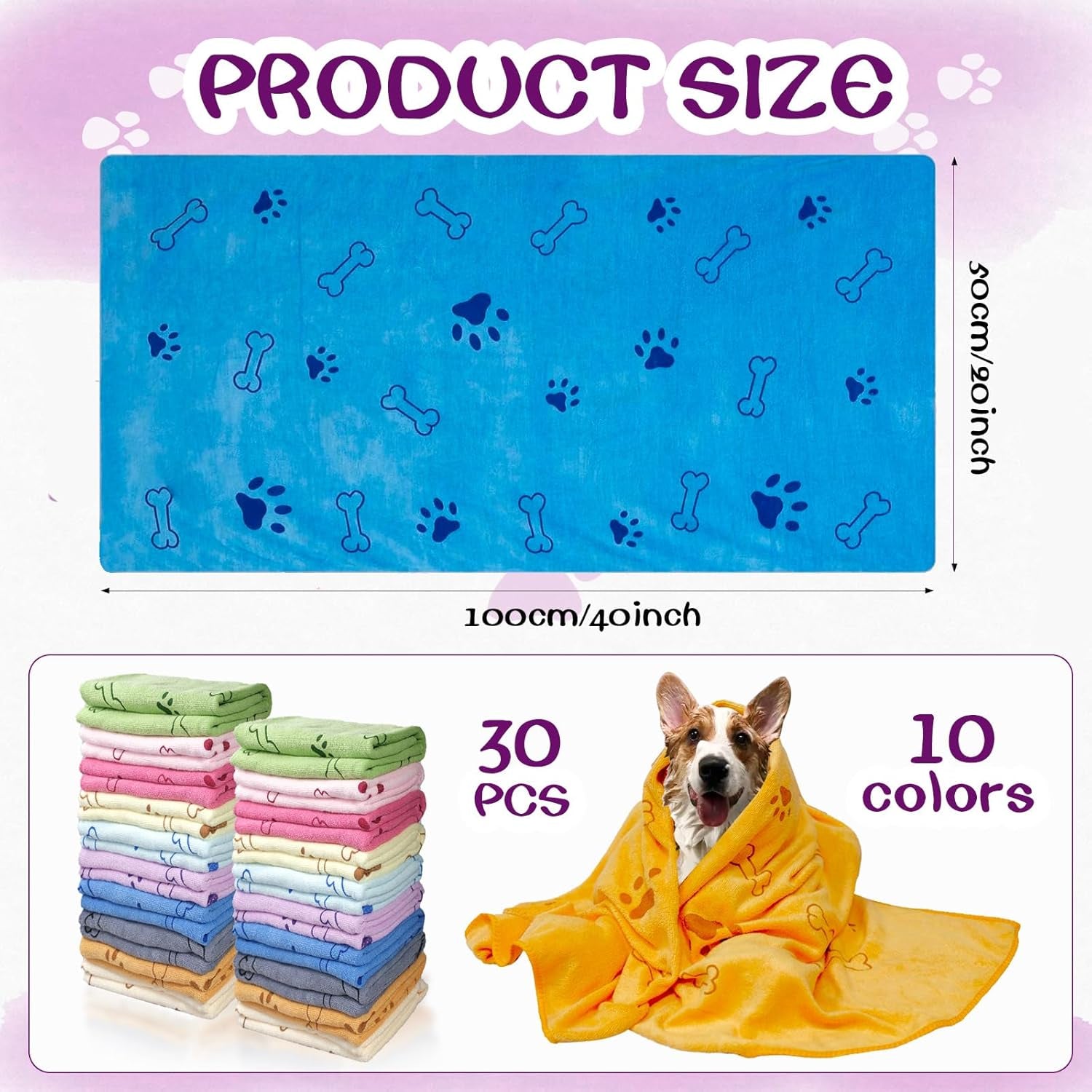 30 Pcs Dog Towels for Drying Dogs Bulk 20 X 40 Inch Quick Drying Pet Bath Towels Colorful Pet Grooming Towel Absorbent Microfiber Towel for Small Medium Large Dog Puppy Cat (Multicolor)
