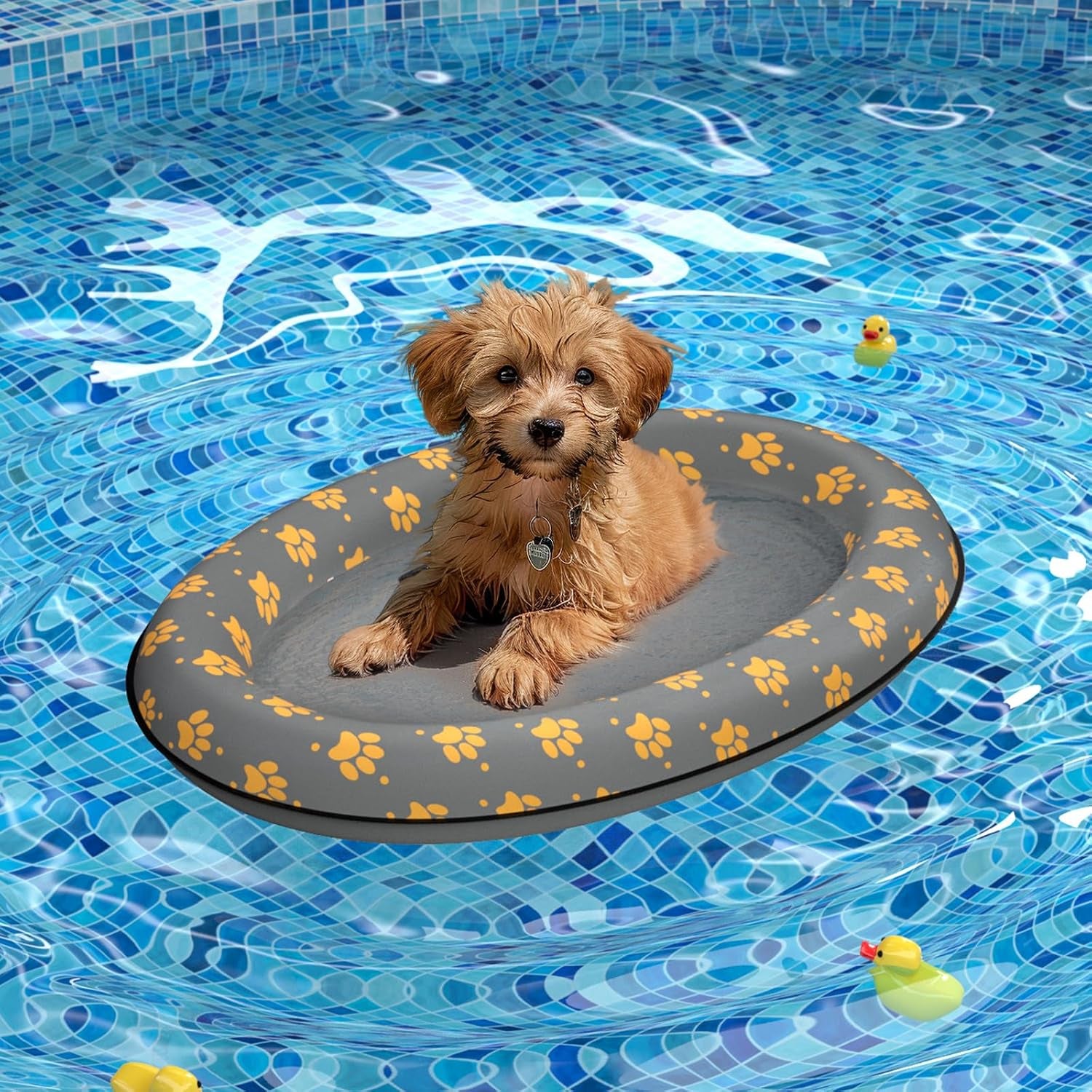 Dog Float Raft - Inflatable Dog Swimming Float for Summer (Small, Yellow Bones)